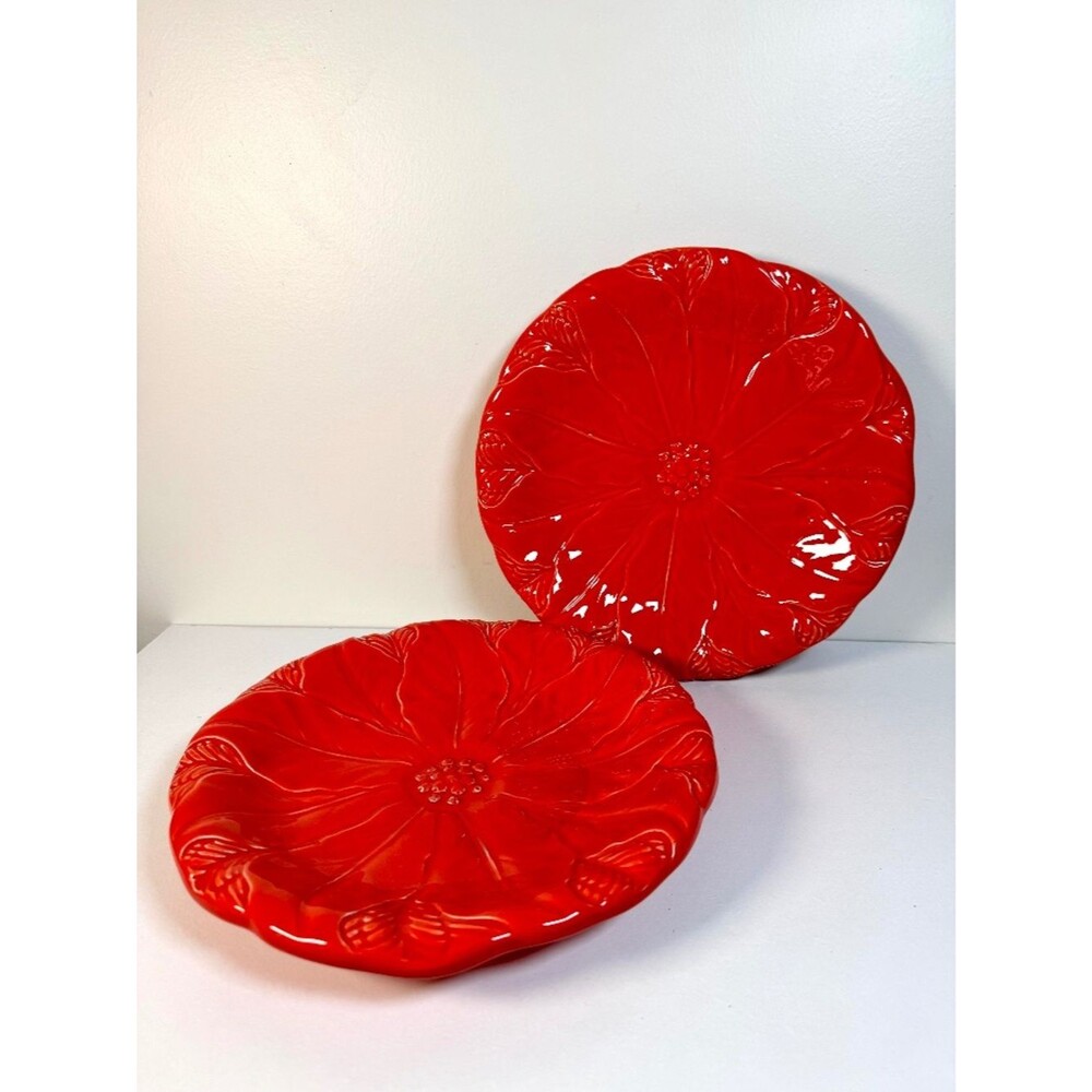 NEW! Set of 2 - Vintage Pier 1 Imports 10" Poinsettia Red Ceramic Holiday Plate